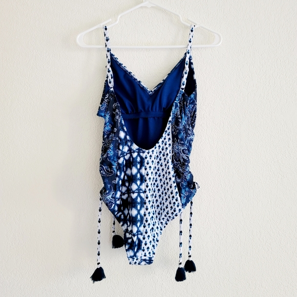 Jessica Simpson one piece swimsuit size M blue print side ruching v neck NWT - Picture 8 of 14